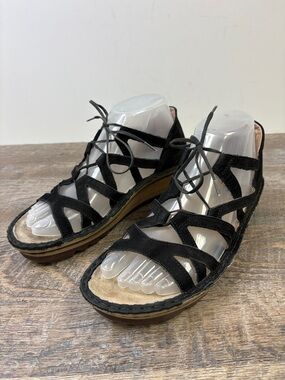 Naot Yarrow Black Leather Lace-Up Gladiator Wedge Sandals | Comfort Cork Sole